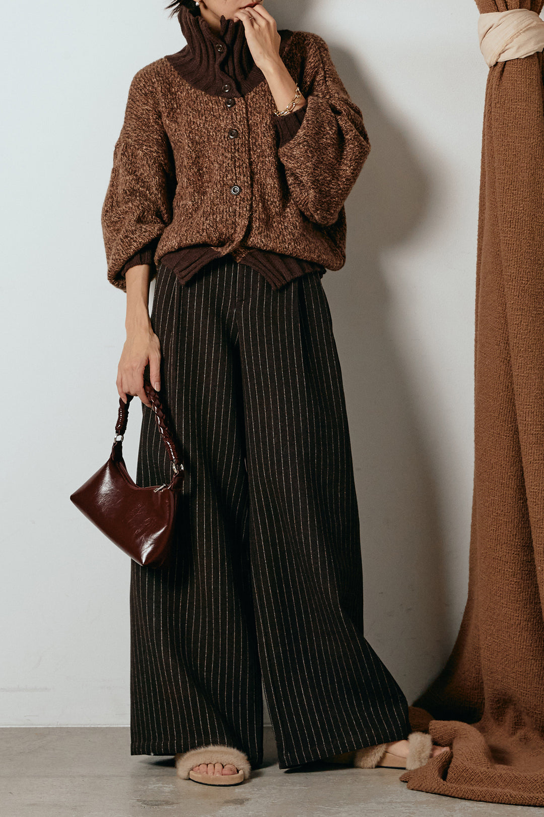 [SET]ハイネックミックスニットカーディガン+ウールライクストライプパンツ(2set)