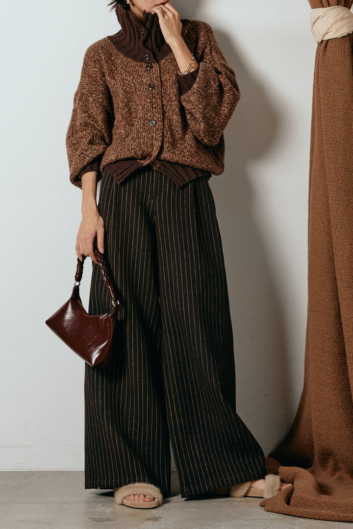 [SET]ハイネックミックスニットカーディガン+ウールライクストライプパンツ(2set)