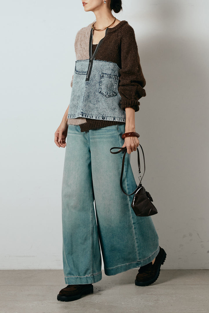 [SET]ハーフジップニットデニムドッキングトップス+ウエストダブルボタンワイドデニムパンツ(2set)