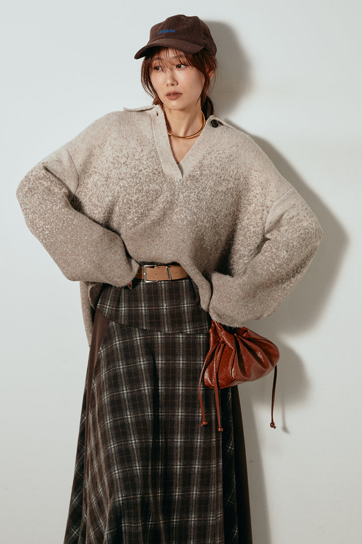 [SET]グラデーションラメニットキーネックプルオーバー+フェイクレザーベルト付き切り替えタータンチェックスカート(2set)
