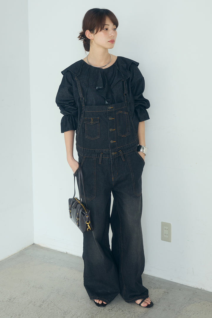 [SET]デニムフリルブラウス+デニムサロペットワイドパンツ(2set)