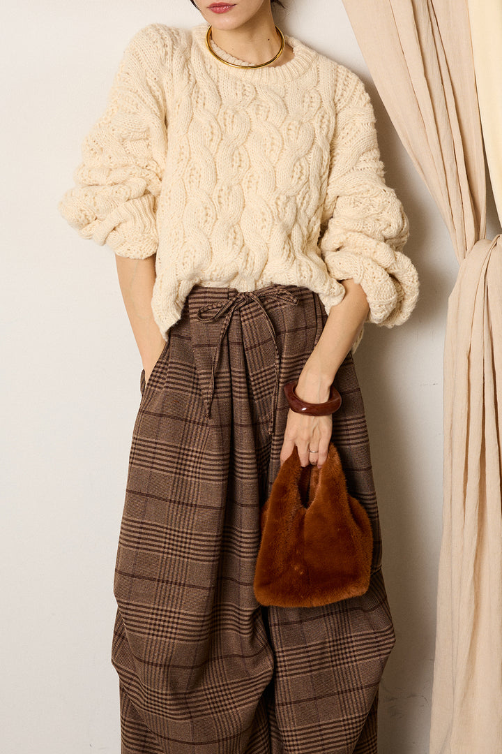 [SET]ケーブルリラックスショートニット+グレンチェックルーズタックパンツ(2set)