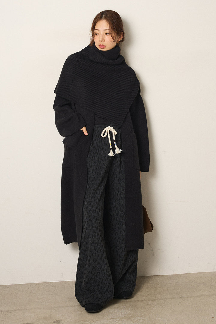 [SET]ケープレイヤードロングカーディガン+レオパードジャガードニットパンツ(2set)