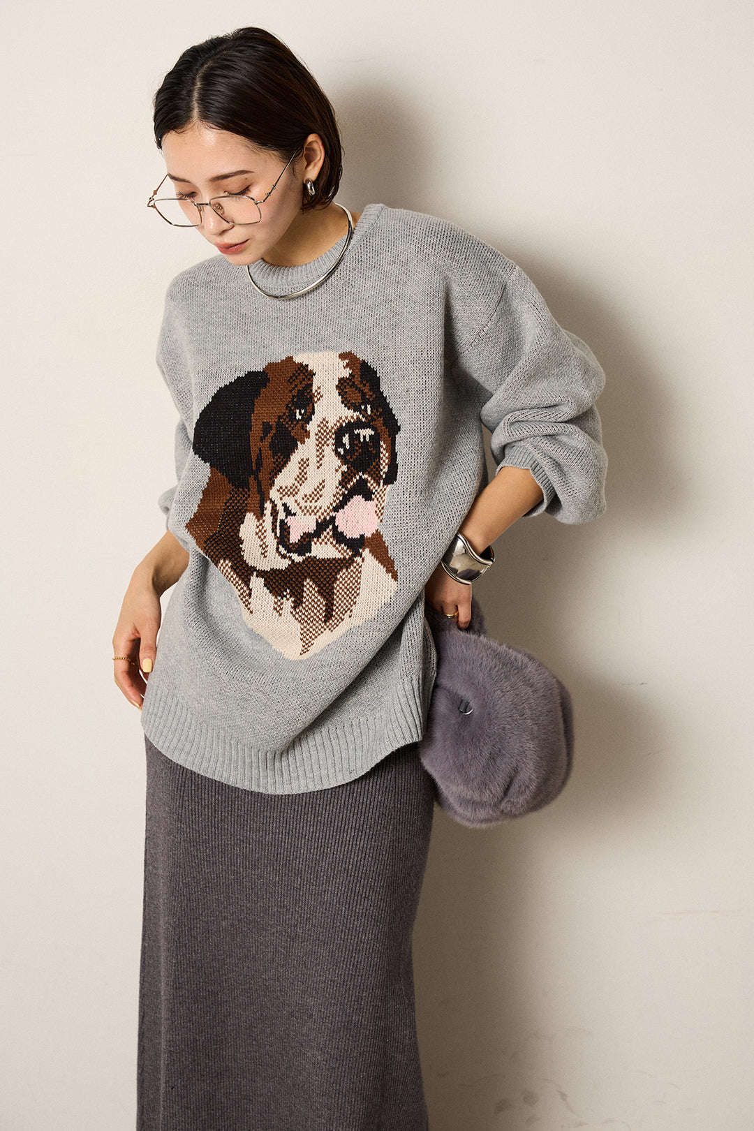 [SET]アニマルジャガード柄ニットトップス+リブナローニットスカート(2set)