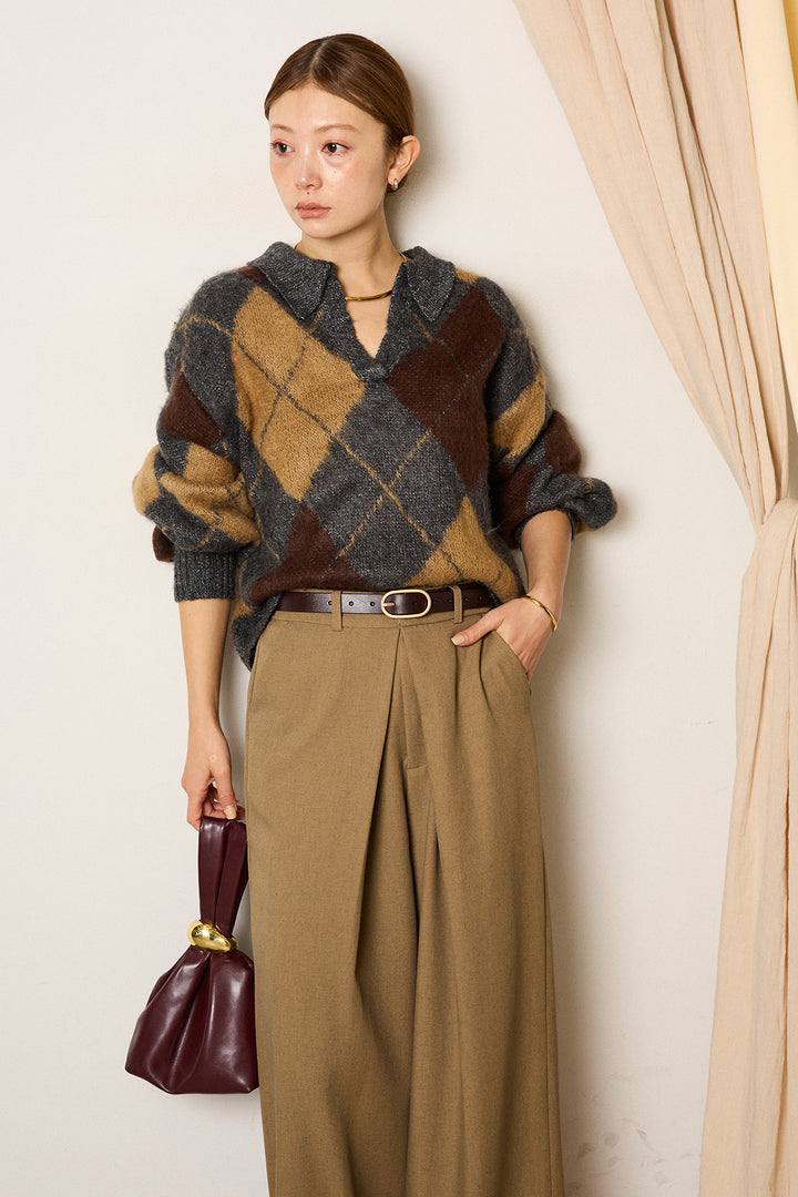 [SET]アクリルモヘアアーガイルキーネックプルオーバー+フロントワイドタックネップ入ワイドパンツ(2set)