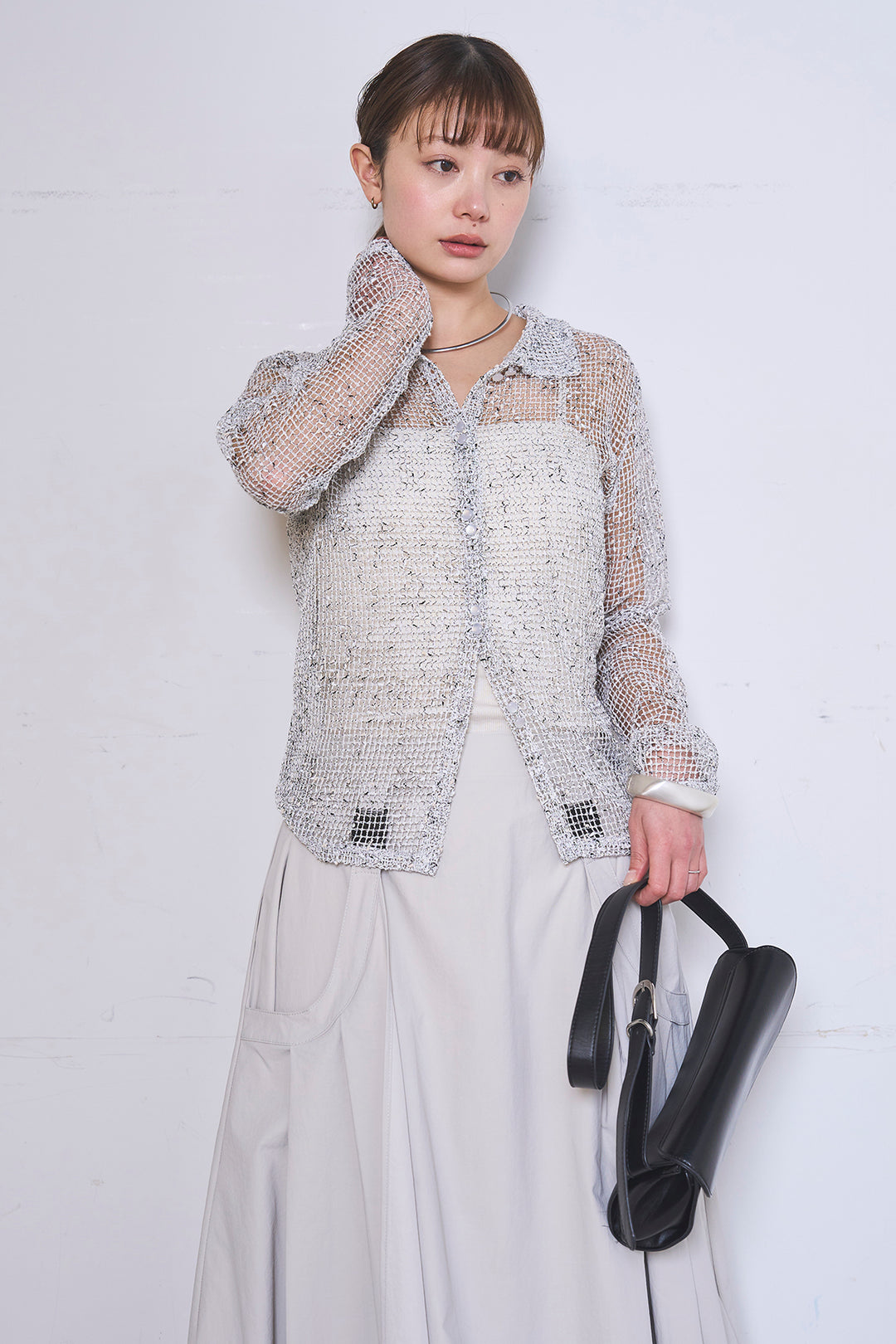 [SET]ネップメッシュポロ襟カーディガン+ラップレイヤードアシンメトリーデザインスカート(2set)