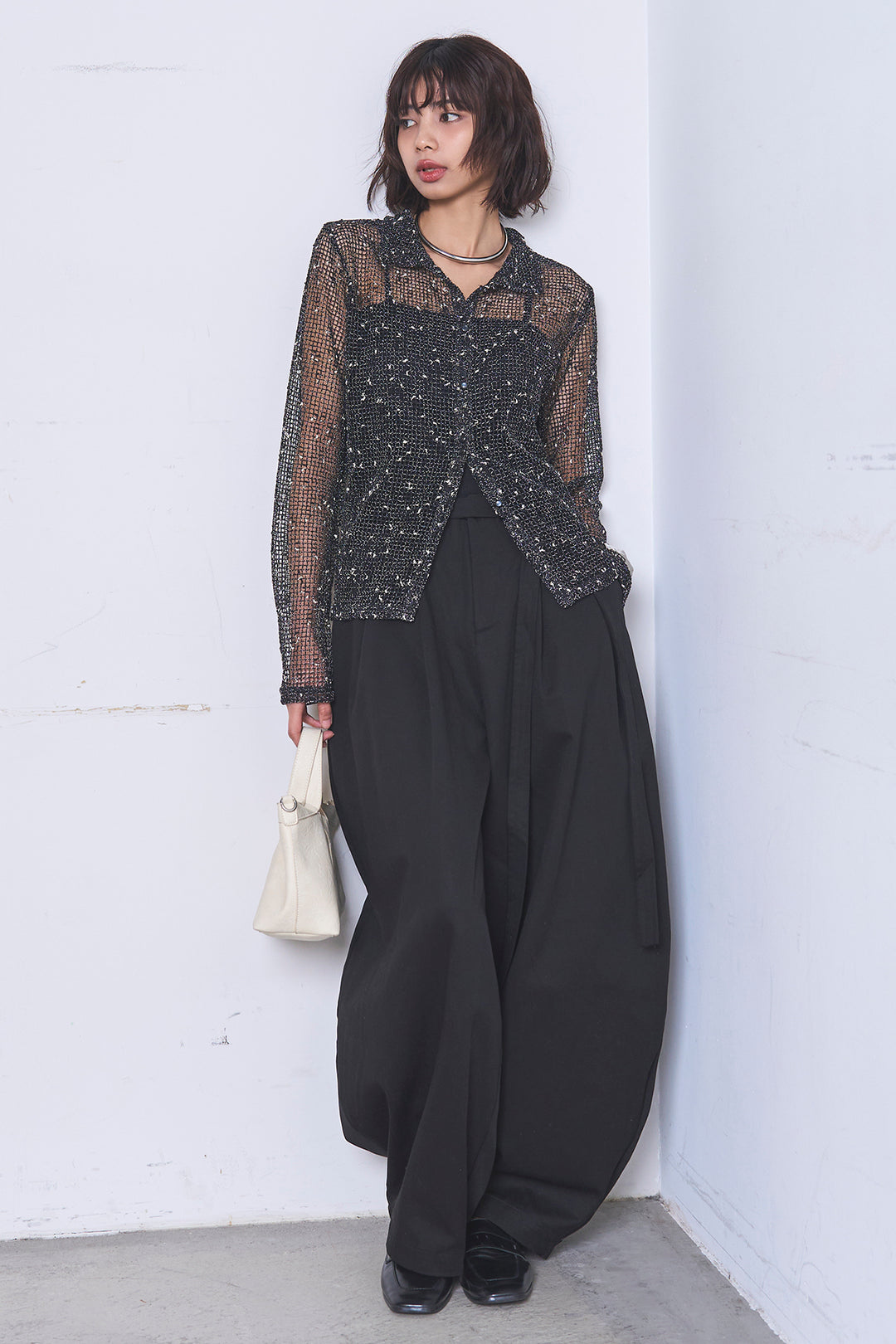 [SET]ネップメッシュポロ襟カーディガン+紐ベルト付きカーブワイドパンツ(2set)