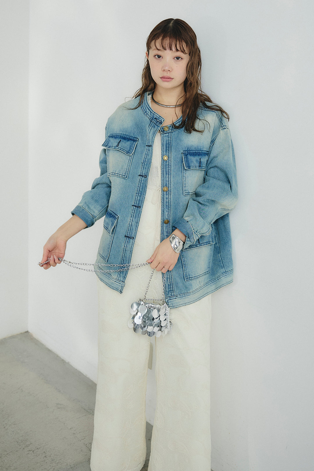 [SET]ノーカラーデニムポケットジャケット+レースサロペット(2set)