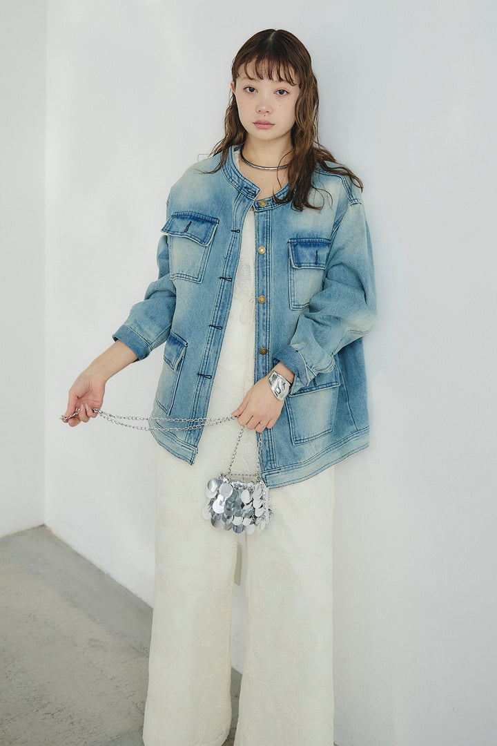 [SET]ノーカラーデニムポケットジャケット+レースサロペット(2set)