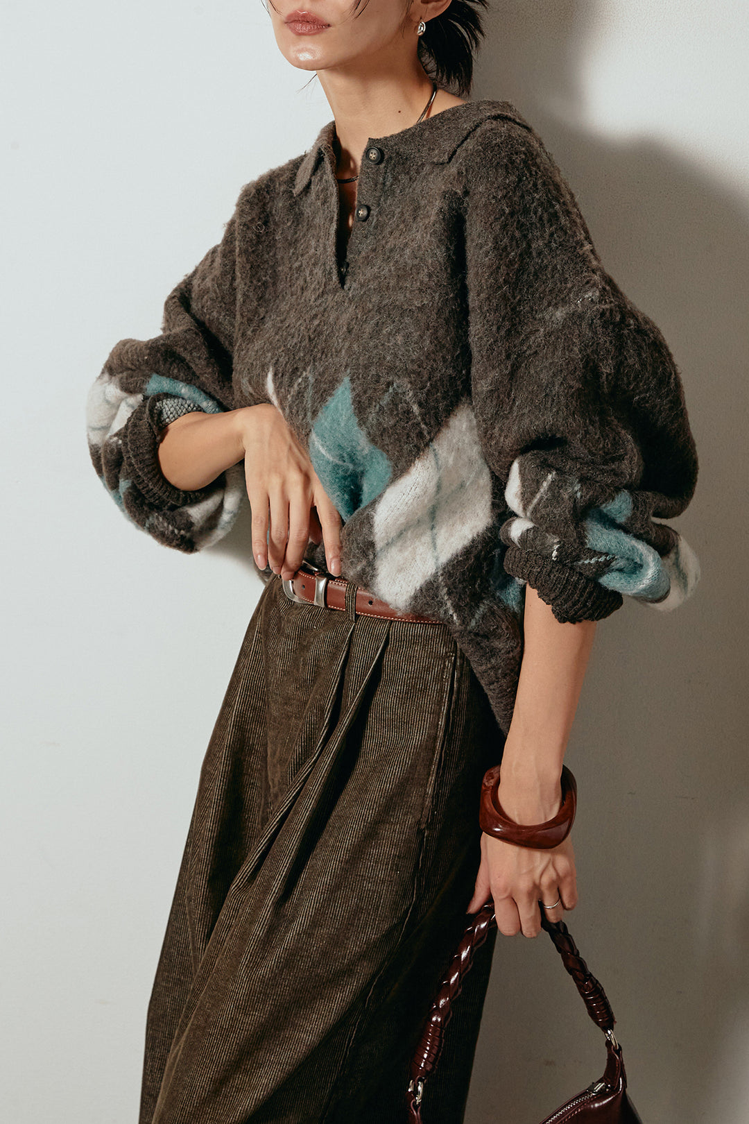 [SET]アーガイル柄ポロニットトップス+フロントタック入りコーデュロイパンツ(2set)