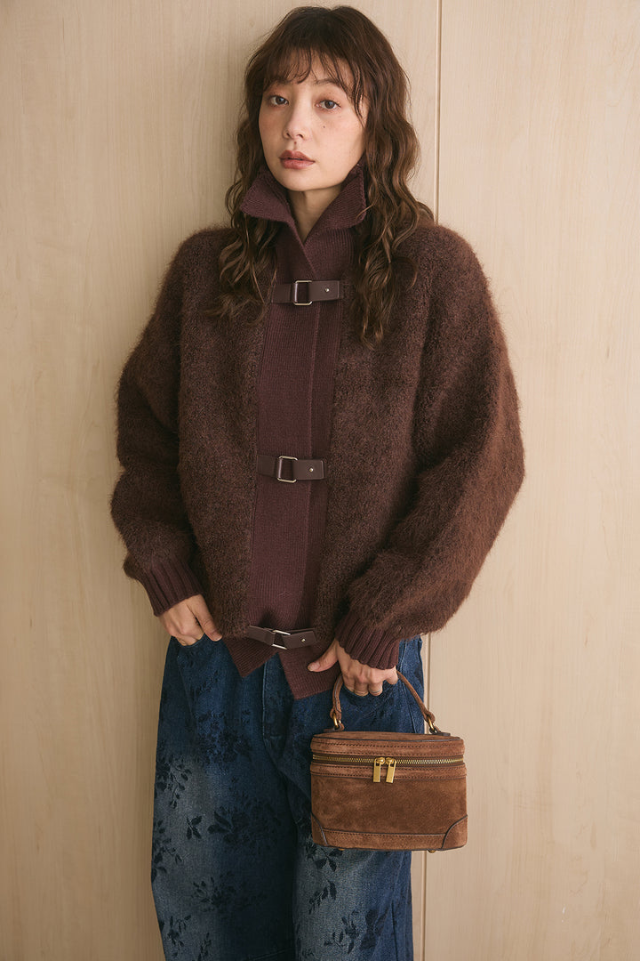 [SET]ブークレーハイネックニットジャケット+フラワーモチーフ刺繍カーブデニム(2set)