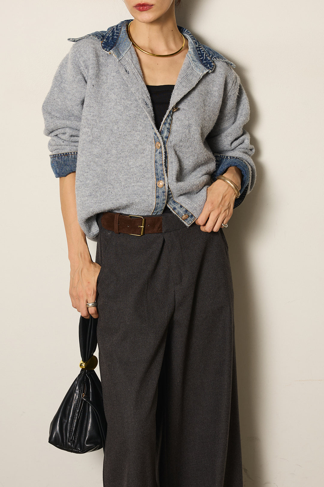 [SET]ニットドッキングデニムシャツ+フェイクレザーサイドベルトワイドパンツ+フェイクレザーベルト付き切り替えタータンチェックスカート(3set)