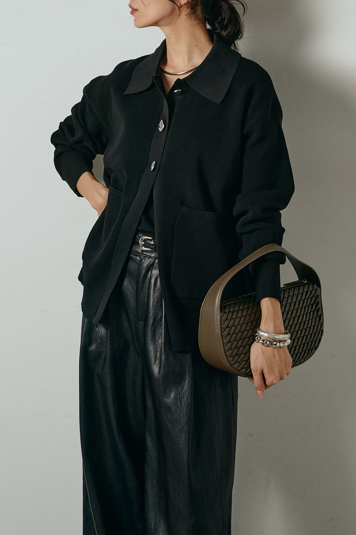 [SET]メタル釦衿付きニットカーディガン+ベルト付きレザーライクタックパンツ(2set)