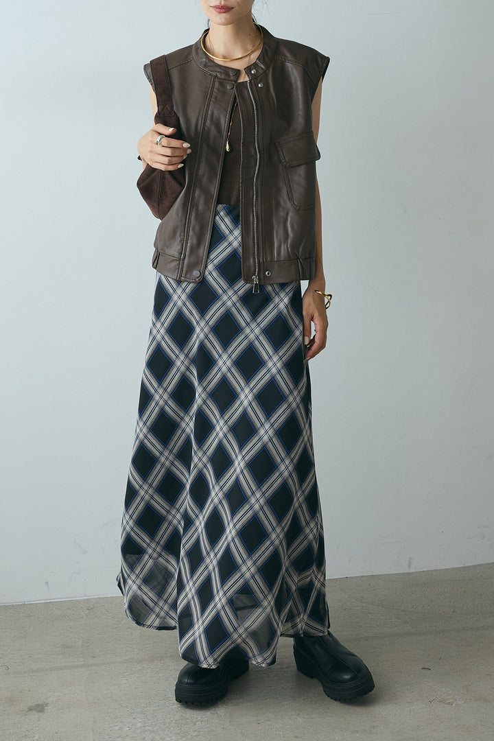 [SET]バンドカラーフェイクレザーベスト+マルチ柄シアースカート(2set)