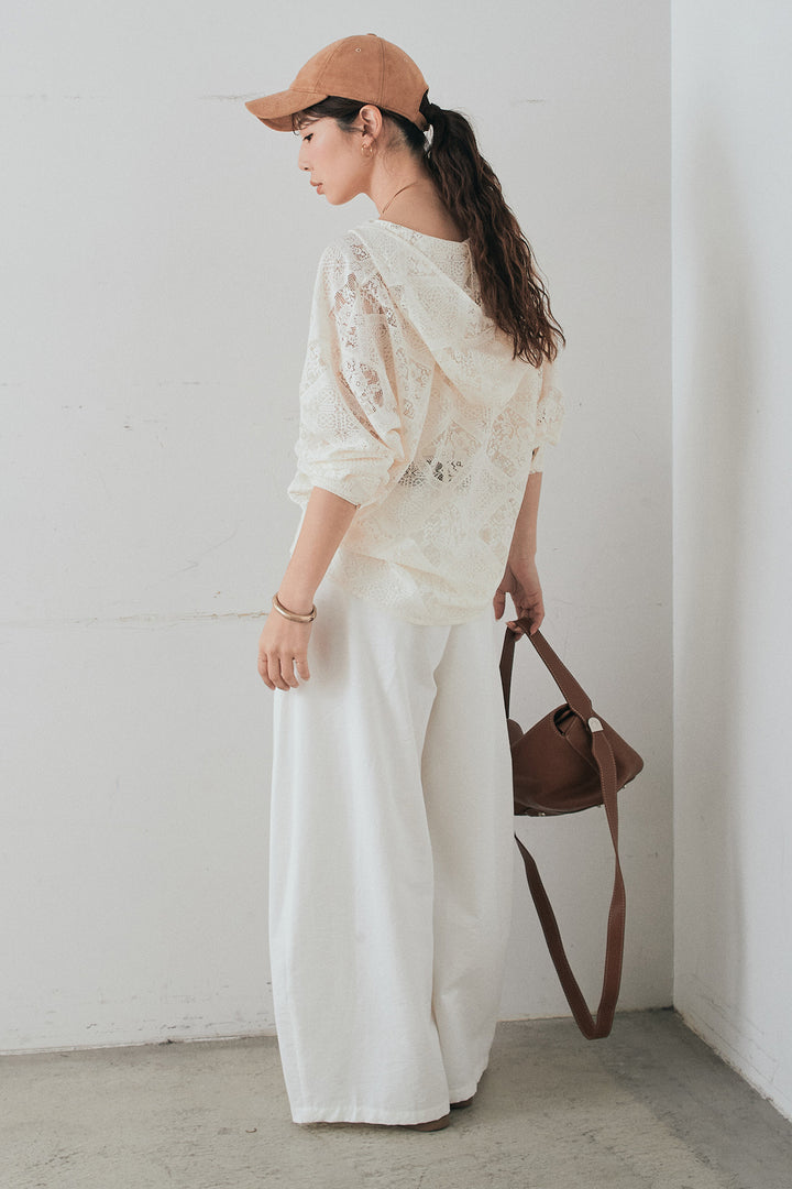 [SET]ブロックレースフード付きブラウス+ベルト付きサイドタックワイドパンツ(2set)