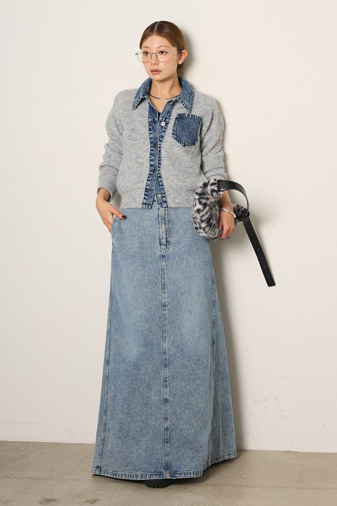[SET]襟付きデニム切替ニットカーディガン+デニムロングフレアスカート(2set)