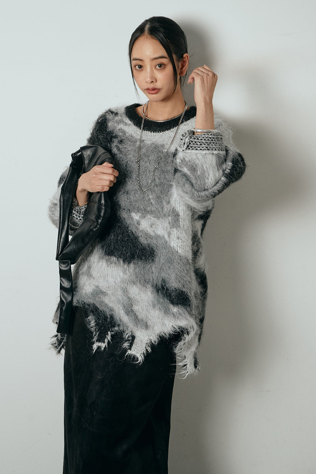 [SET]起毛裾デザインニュアンス柄ニットトップス+エコスウェードワイドスカート(2set)