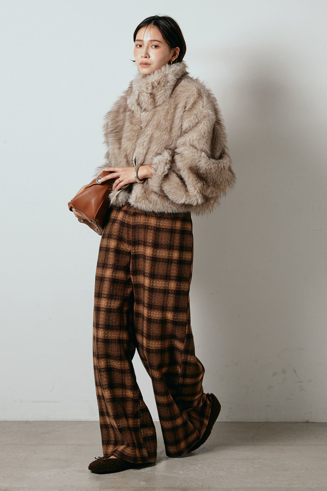 [SET]エコファーショート丈ブルゾン+ルーズタータンチェックワイドパンツ(2set)
