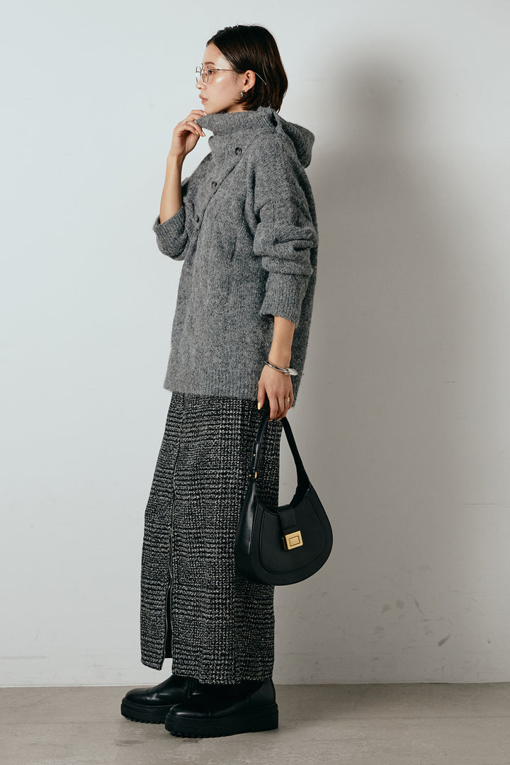 [SET]ケープデザインケーブルニットトップス+グレンチェック柄フロントジップタイトスカート(2set)