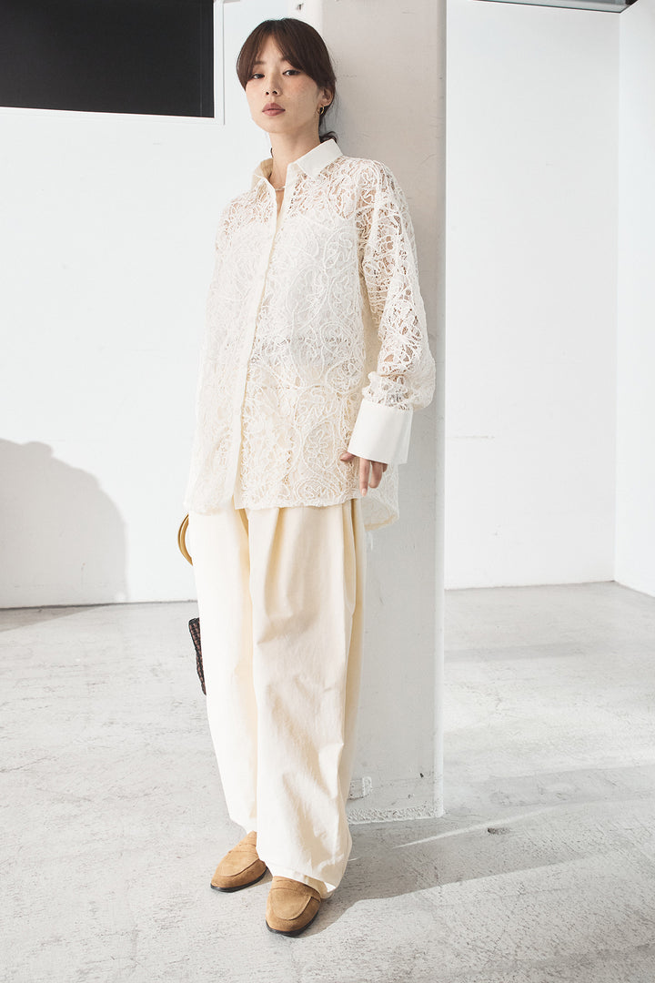 [SET]刺繍レースオーバーサイズシャツ+合繊ツイルパイピングタックカーブパンツ(2set)