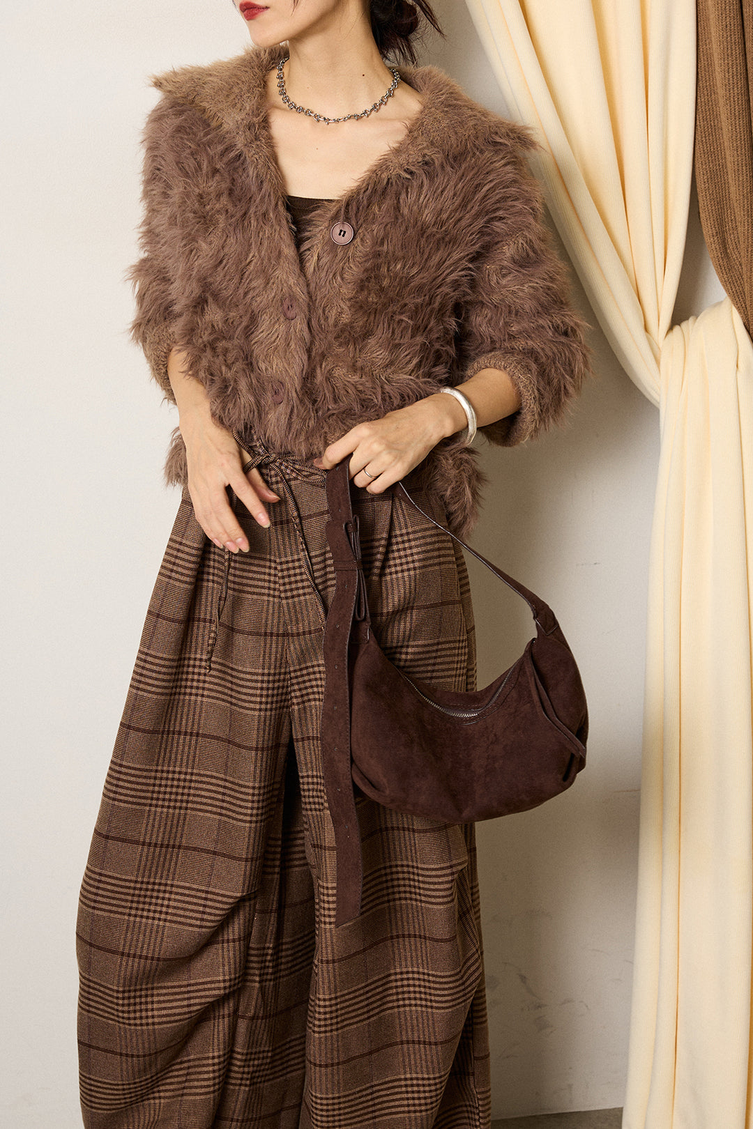 [SET]襟付きシャギーニットカーディガン+グレンチェックルーズタックパンツ(2set)