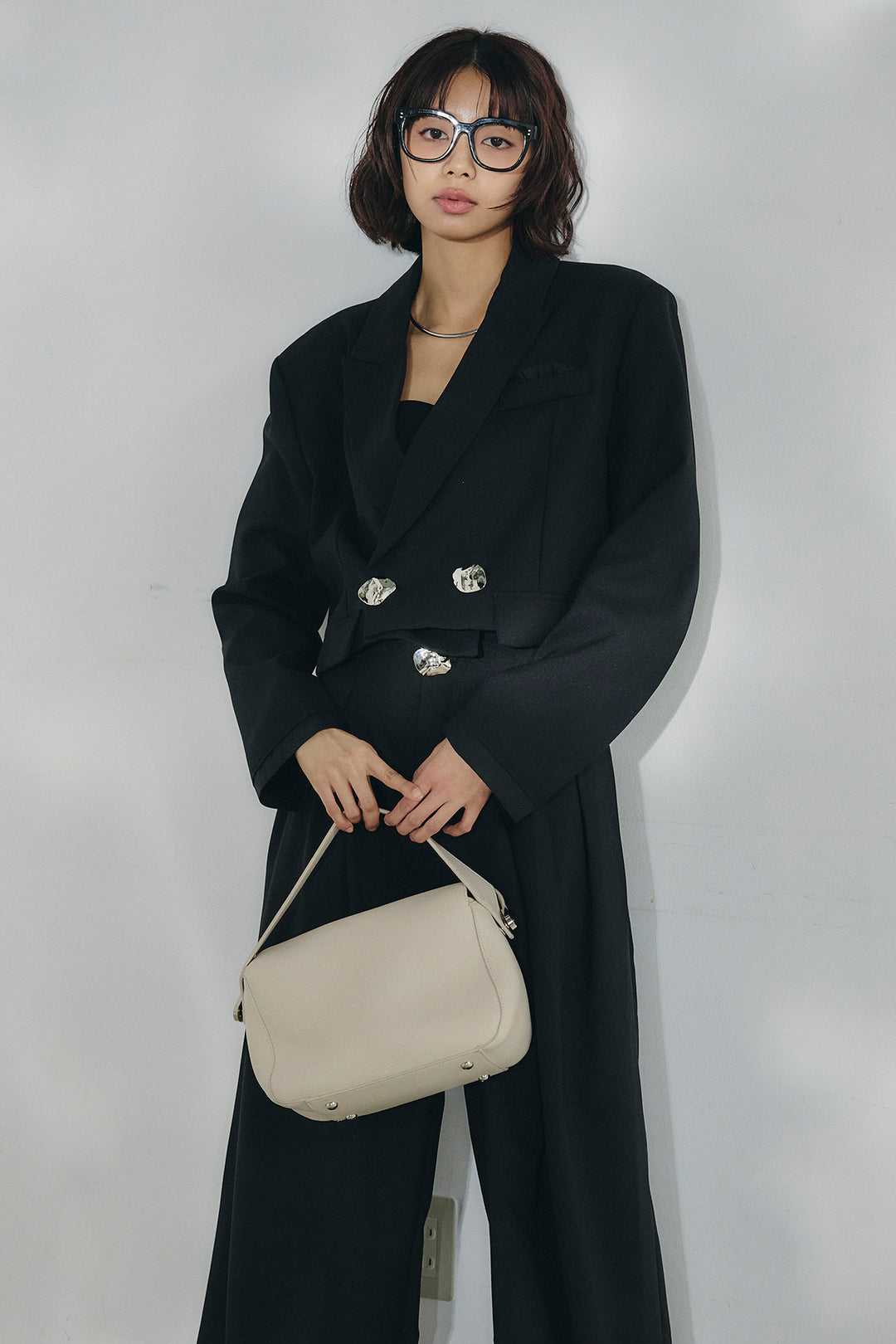 [SET]メタルプレートショート丈ジャケット+メタルプレートタックワイドパンツ(2set)