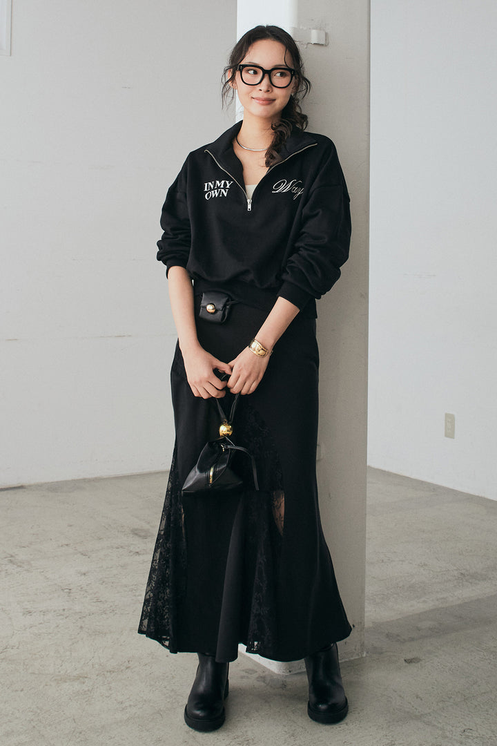 [SET]裏毛ロゴ刺繍ハーフZIPスウェット+刺繍レースデザインサテンスカート(2set)