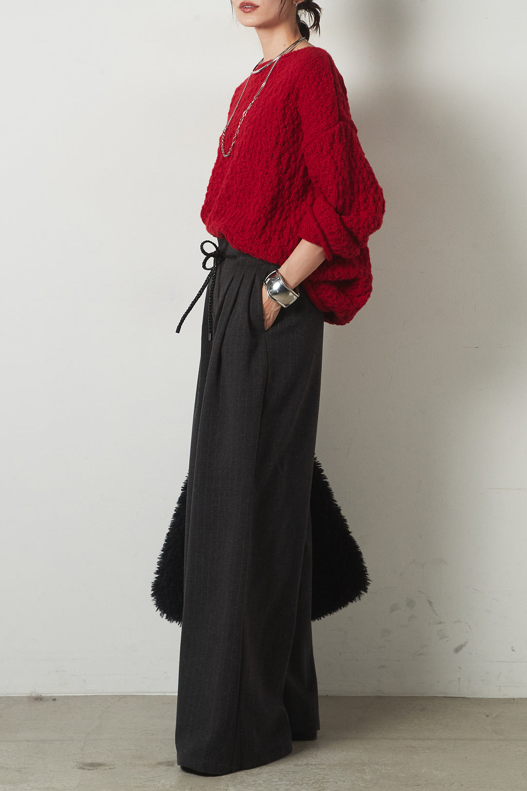 [SET]ボリューム編みニットプルオーバー+編みベルト付きピンストライプワイドパンツ(2set)