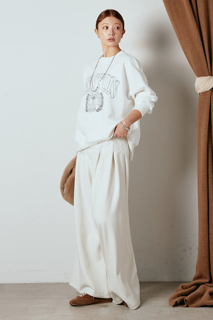 [SET]フロントロゴスウェットプルオーバー+カップ付きレースドッキングキャミソール+フェイクレザー太ベルト付きタックワイドパンツ(3set)