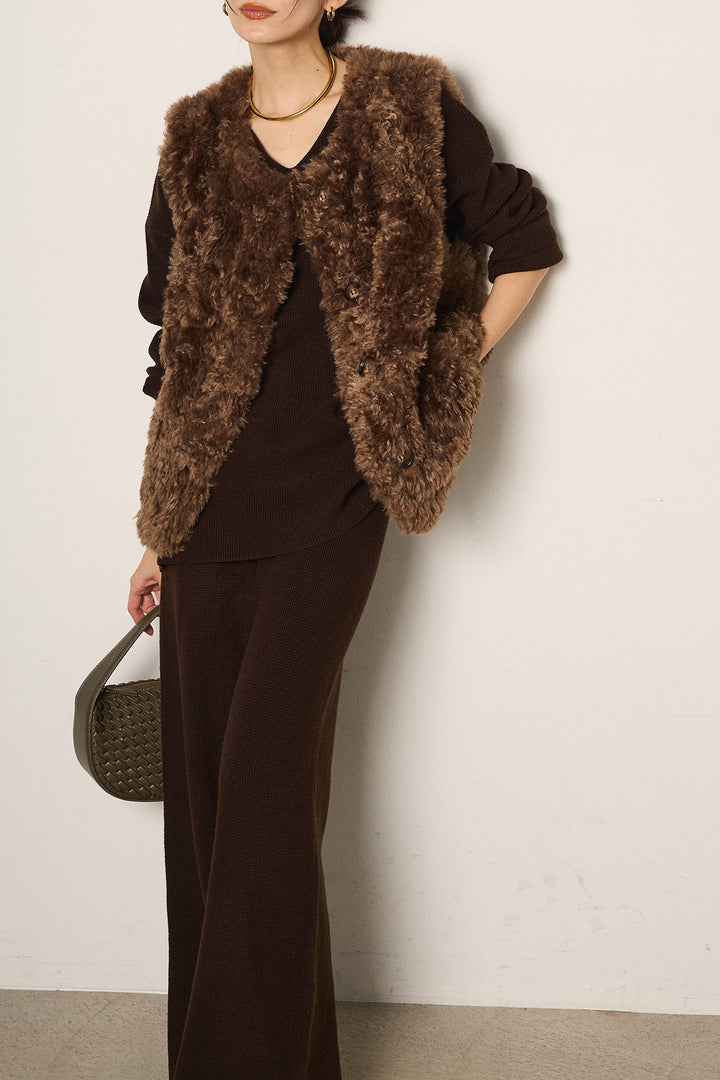 [SET]リラックスワッフルニットSETUP+ノーカラーエコファーベスト(2set)