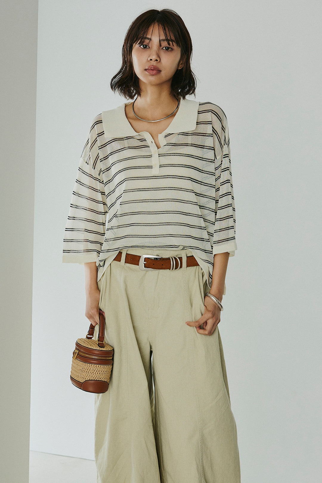 [SET]ボーダーニットポロシャツ+サイドベルトカーブワイドパンツ(2set)