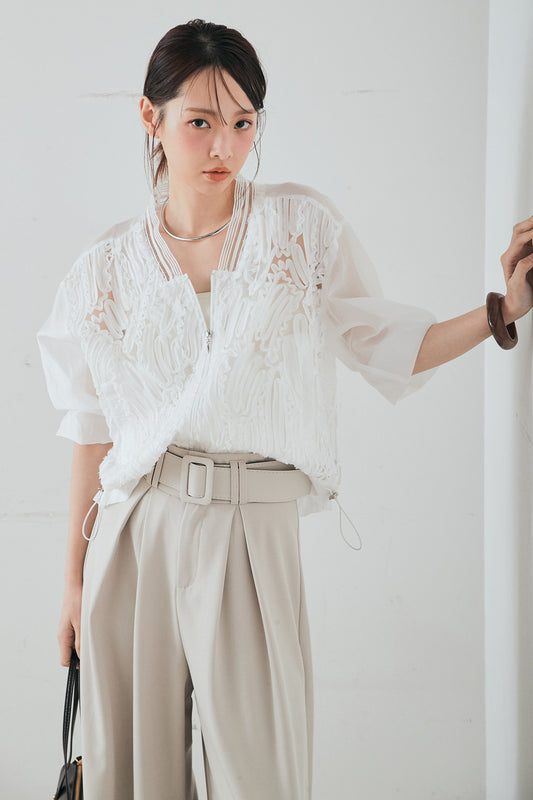 【着回しセット】[SET]ミックスメッシュキーネックプルオーバー+モチーフ付きシアーブルゾン+ベルト付きツータックワイドパンツ(3set)