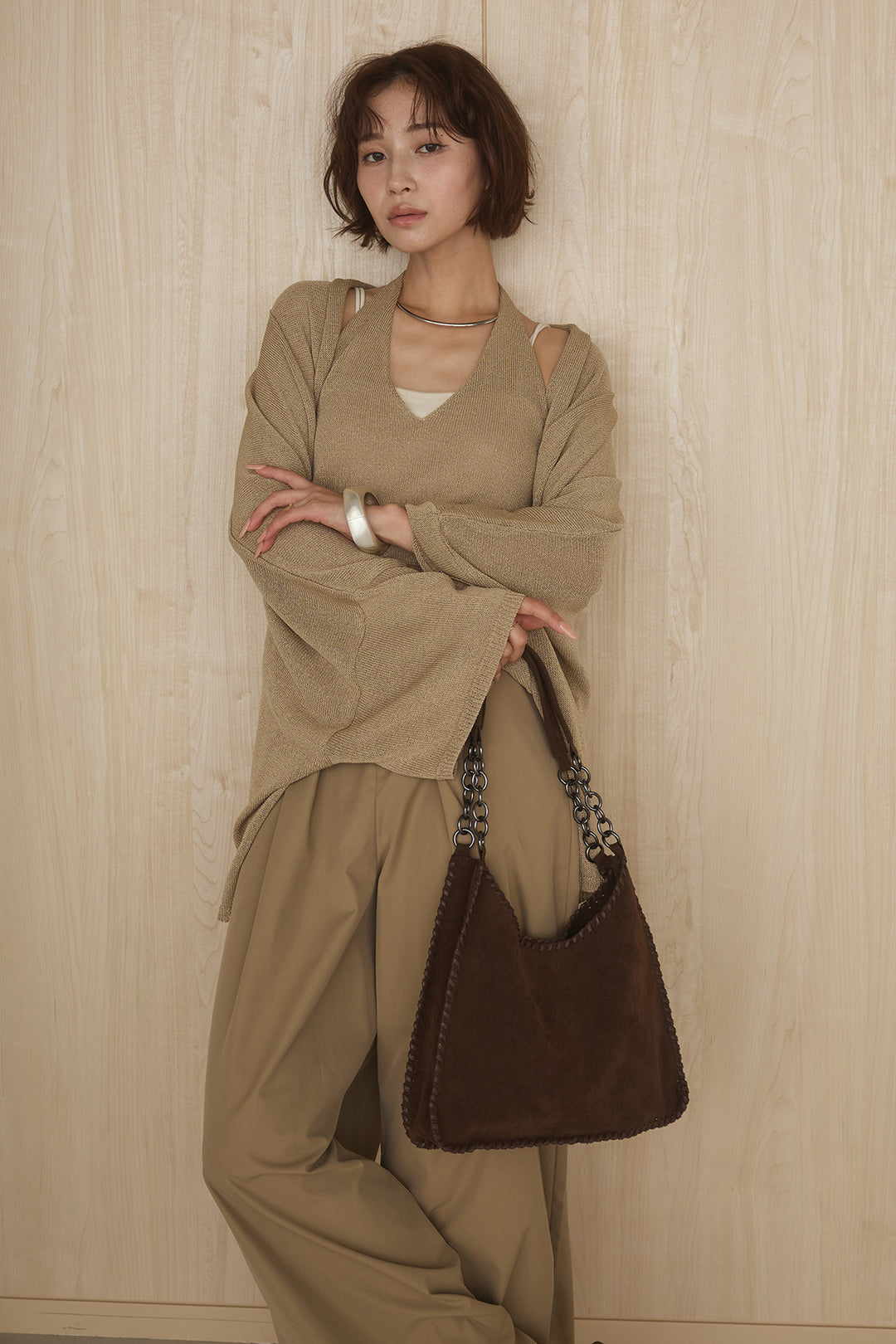 [SET]オーバードルマンカーディガン+ベルトループデザインハイウエストタックパンツ(2set)