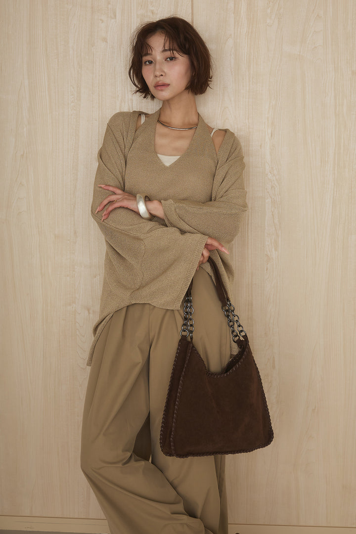 [SET]オーバードルマンカーディガン+ベルトループデザインハイウエストタックパンツ(2set)