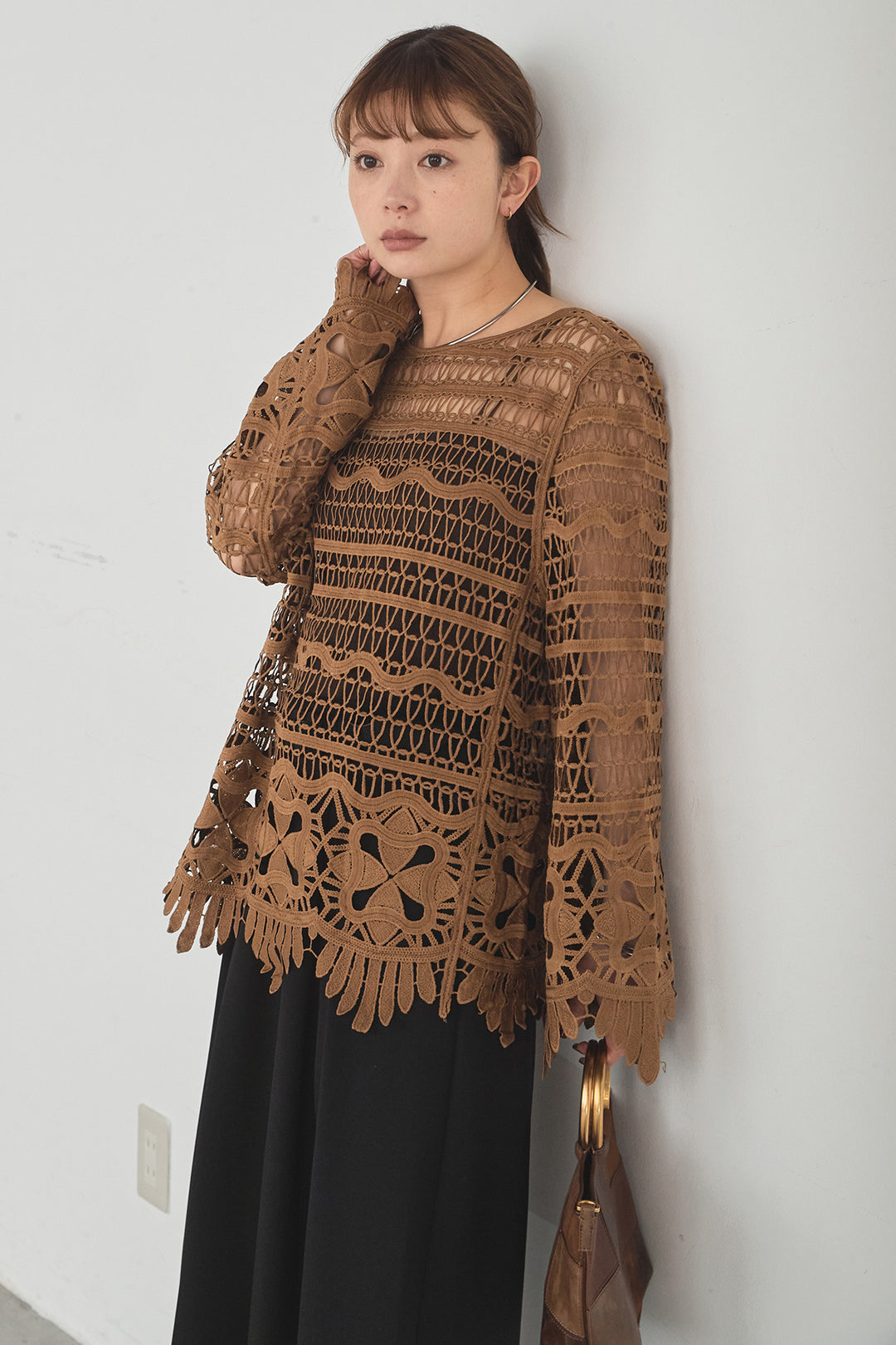 [SET]裾デザインメッシュプルオーバー+ベルト付きツータックワイドパンツ(2set)