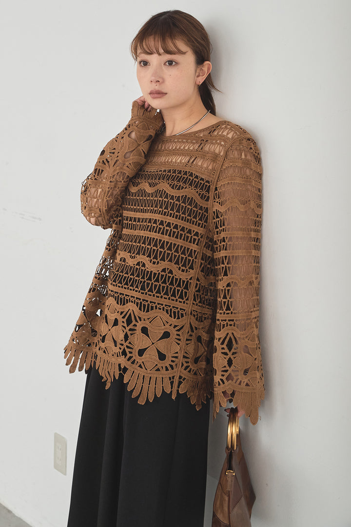 [SET]裾デザインメッシュプルオーバー+ベルト付きツータックワイドパンツ(2set)