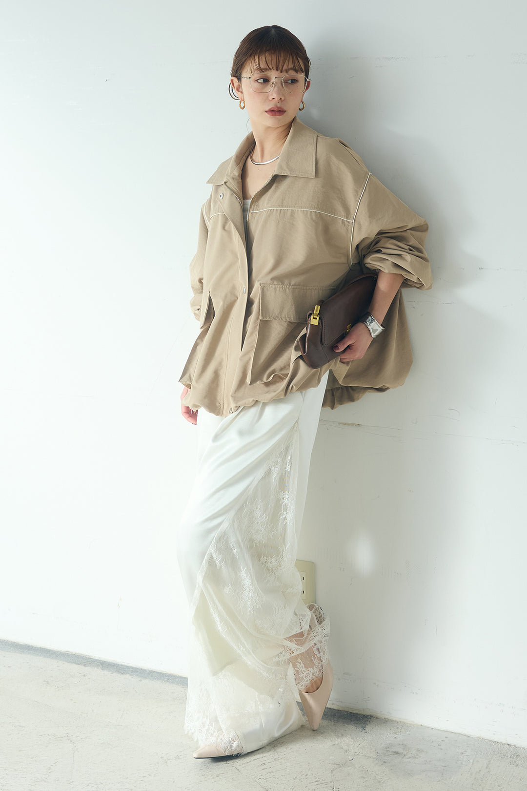 [SET]合繊ツイルバルーンジャケット+サテンレース切り替えタックパンツ(2set)