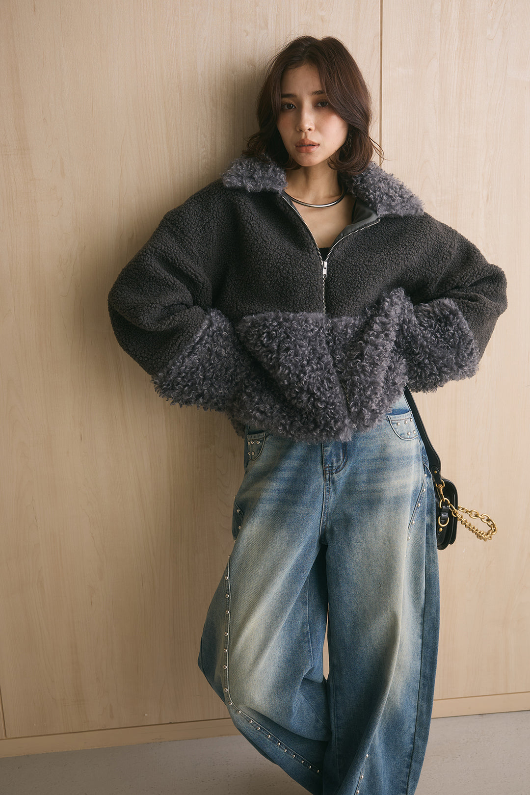 [SET]ボア×プードルファーパッチワークブルゾン+スタッズデザインカーブデニムワイドパンツ(2set)