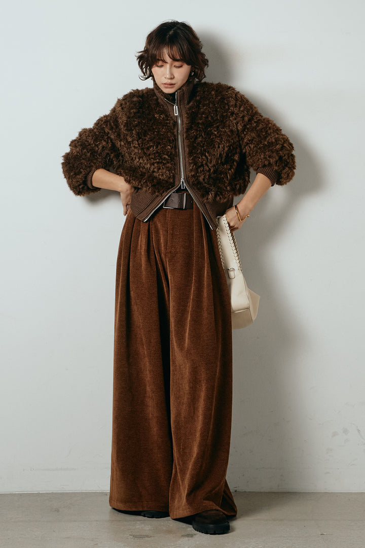 [SET]ハイネックショート丈ボアジップブルゾン+ベルトループコーデュロイワイドパンツ(2set)