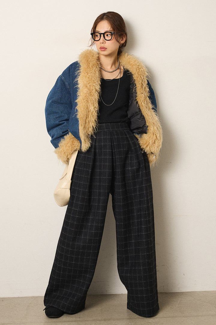 [SET]エコファーデニムボアジャケット+ウールライクチェックタックパンツ(2set)