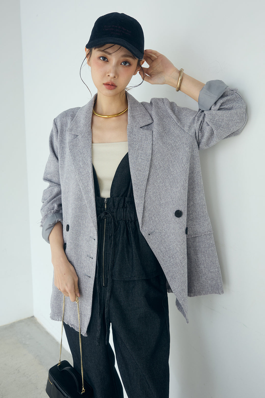 [SET]スラブネップツイードフリンジテーラードジャケット+デニムペプラムコンビネゾン(2set)