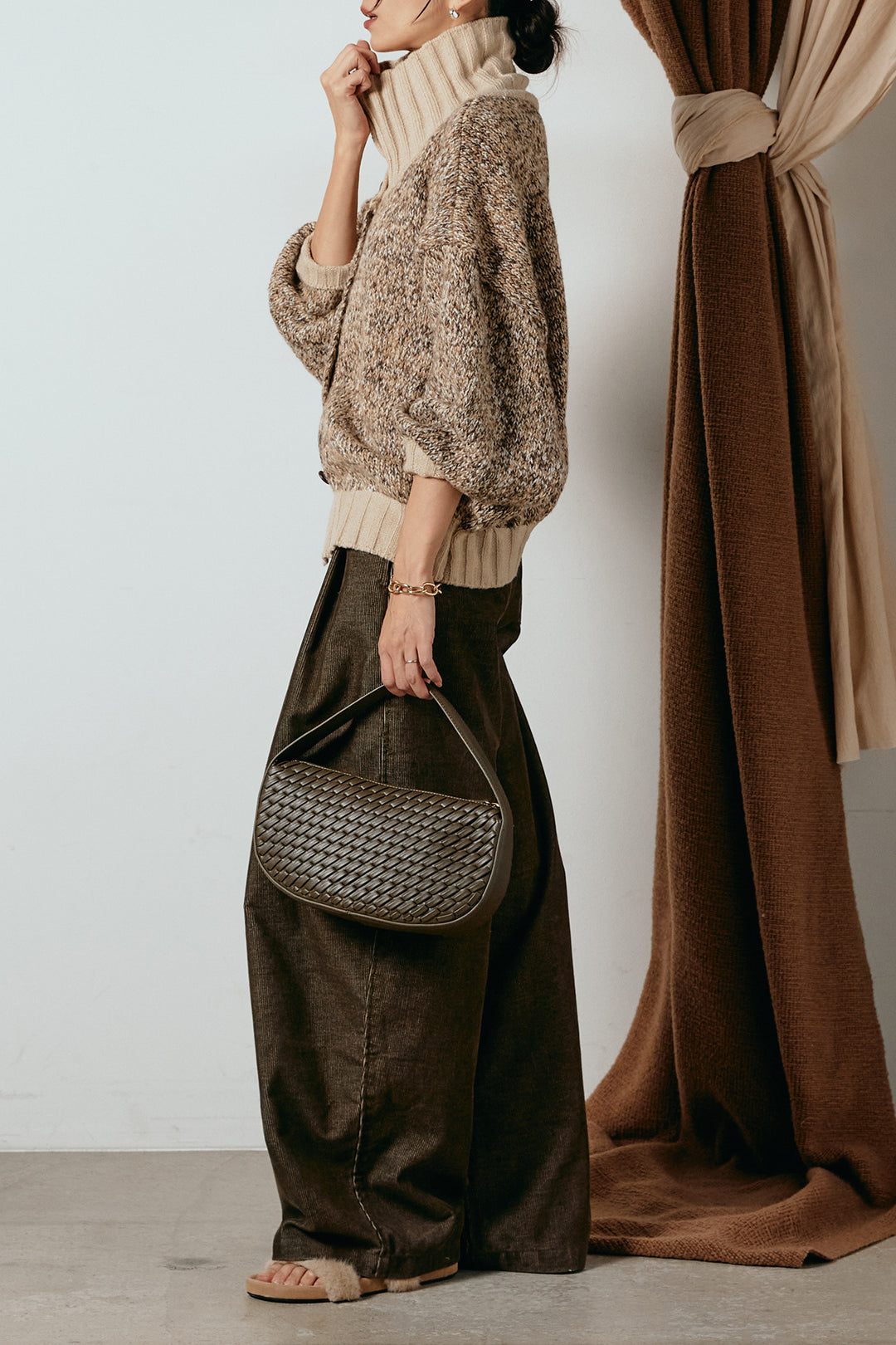 [SET]ハイネックミックスニットカーディガン+フロントタック入りコーデュロイパンツ(2set)