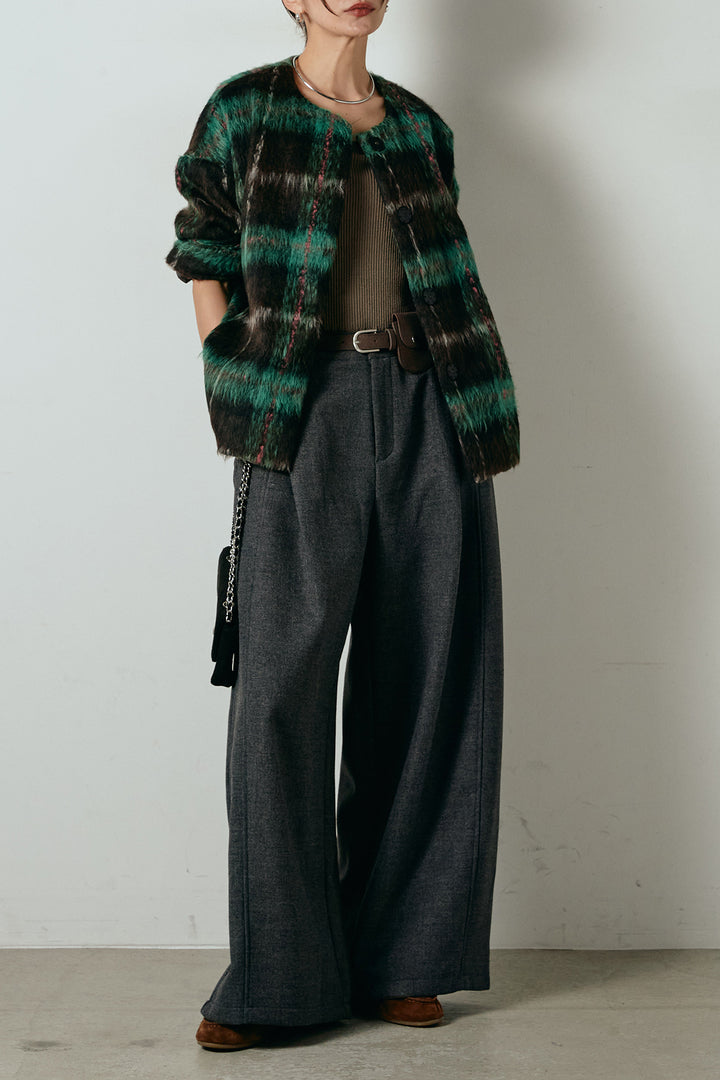 [SET]ノーカラーシャギーチェックアウター+ポーチベルト付きカーブパンツ(2set)