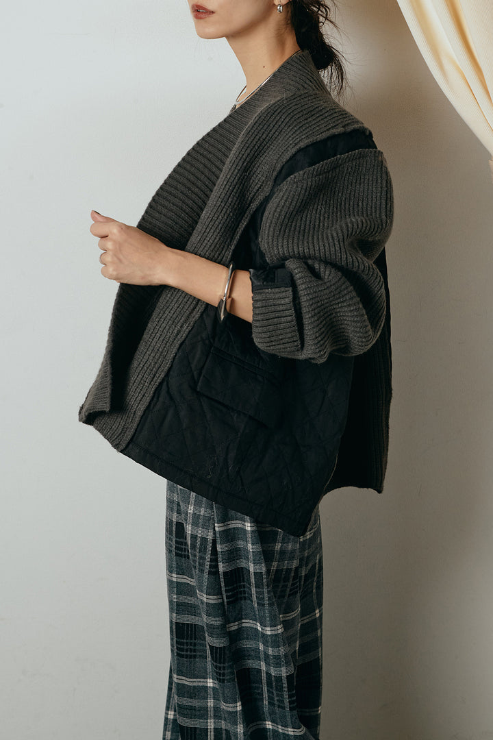 [SET]キルティング切り替えニットカーディガン+ベルト付きタータンチェックカーブワイドパンツ(2set)