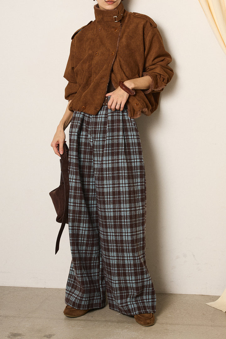 [SET]スタンド襟スウェードライクアウター+スタッズデザインベルトタータンチェックパンツ(2set)