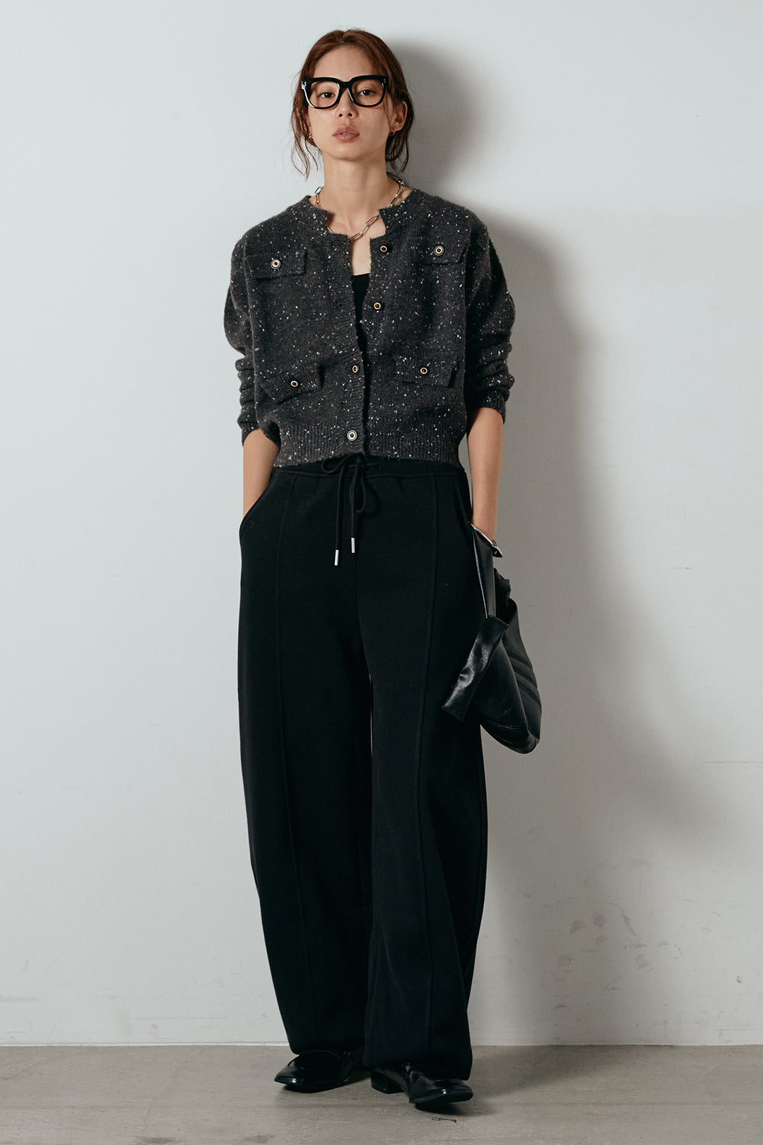 [SET]ネップニットカーディガン+スウェットワイドカーブパンツ(2set)