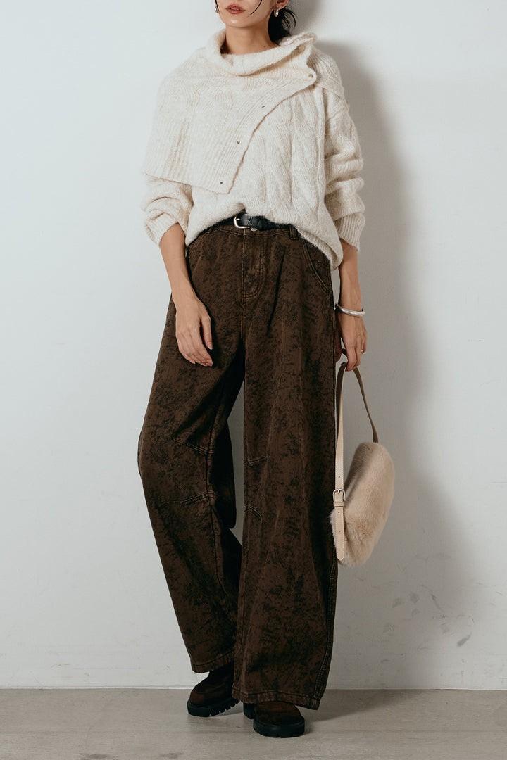 [SET]ケープデザインケーブルニットトップス+ベルト付きニュアンス柄カーブワイドパンツ(2set)