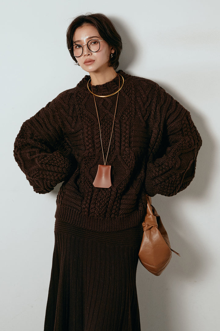 [SET]アラン柄ミックスケーブルニット+編み地切り替えフレアニットスカート(2set)