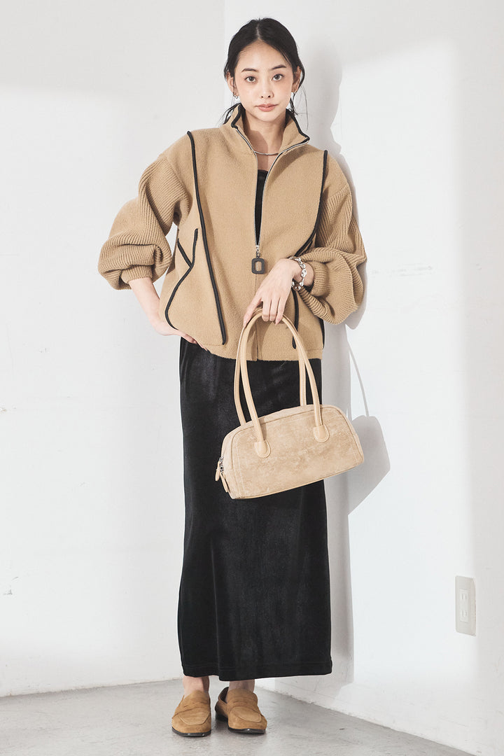 [SET]ハイネックパイピングデザインブルゾン+ベロアバレエネックワンピース(2set)