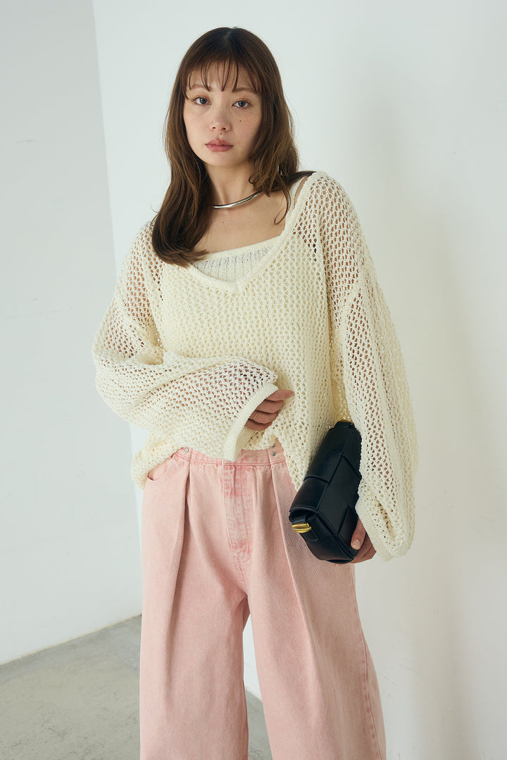 [SET]メッシュ編みビスチェセットVネックプルオーバー+カラーデニムタックカーブパンツ(2set)